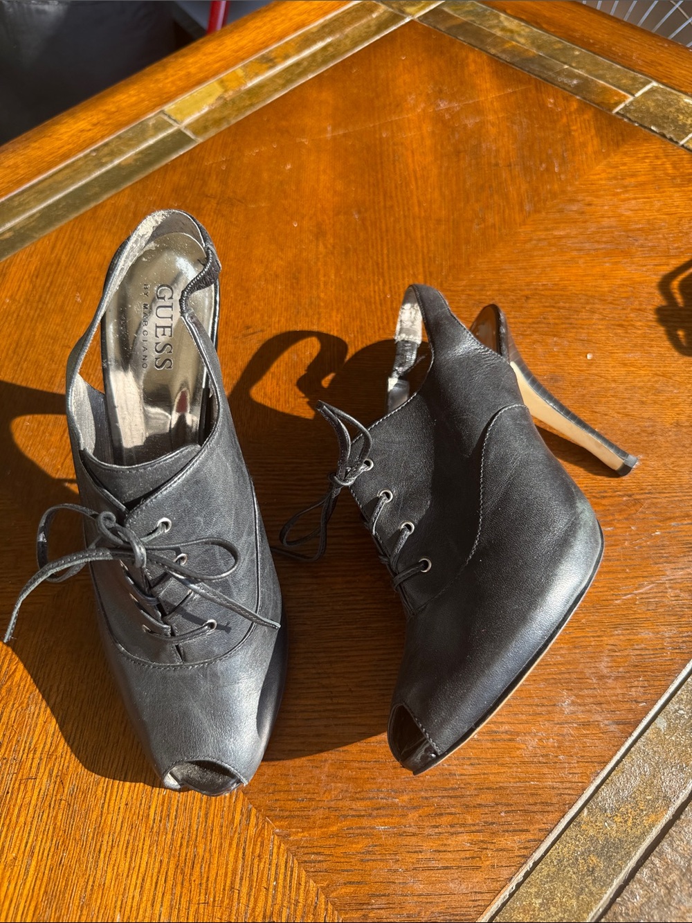 GUESS Black Peep-Toe Lace-Up Heels